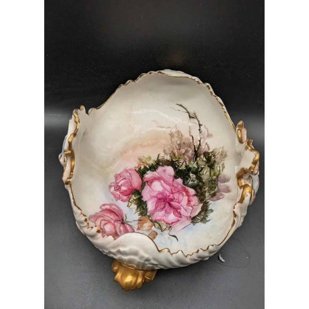Vintage Hand Painted Floral Porcelain Centerpiece Bowl Gold Gilt Cherub Footed